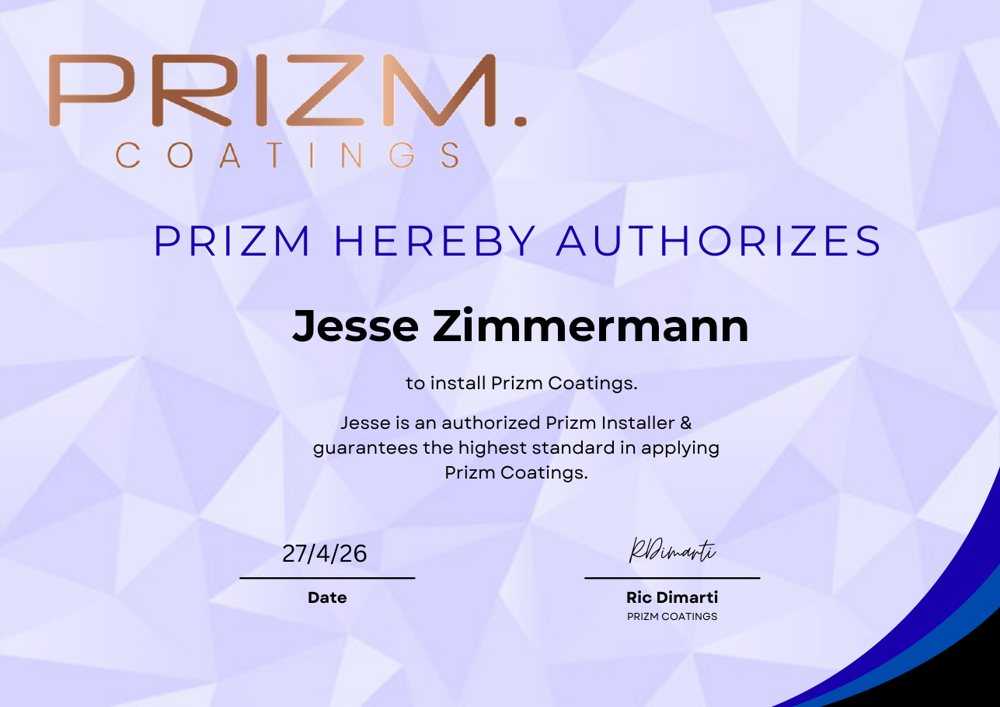 Prizm Coatings installer certificate for Jesse Zimmermann
