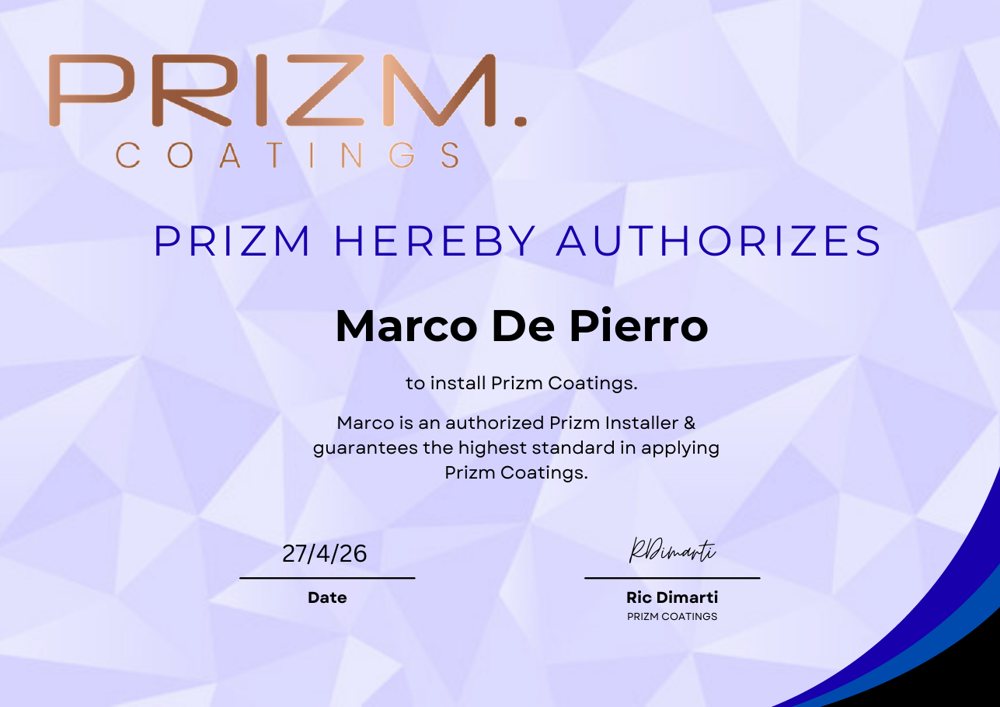 Prizm Coatings installer certificate for Marco De Pierro