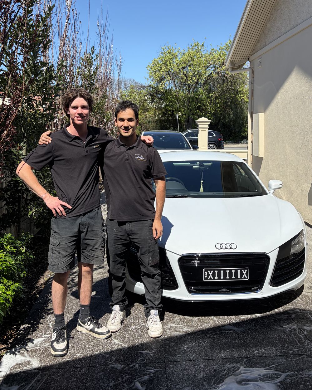 Marco and Jesse from Polo Auto Detailing with a freshly washed Audi R8